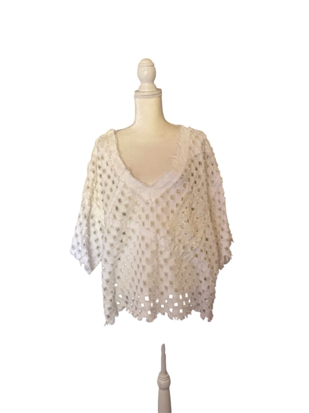 POL Cream Crochet Open-Knit V-Neck Coverup